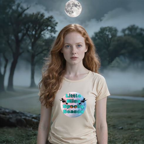 Soft Cream Little Miss Spooky Season tee with playful typography, an easy choice for Halloween party outfits