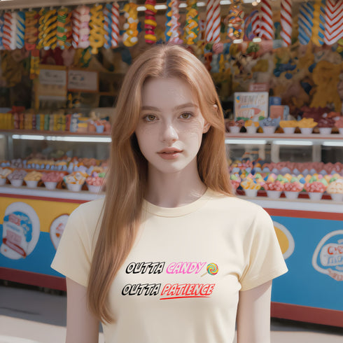 Soft cream candy lover t-shirt with the Outta Candy Outta Patience design, a witty everyday gift for sweet-toothed friends.