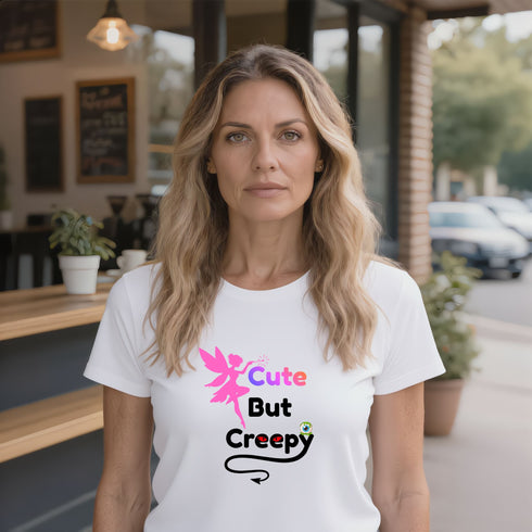 White Cute But Creepy gothic graphic T-shirt with a lighthearted eerie slogan for everyday outfits and Halloween styling