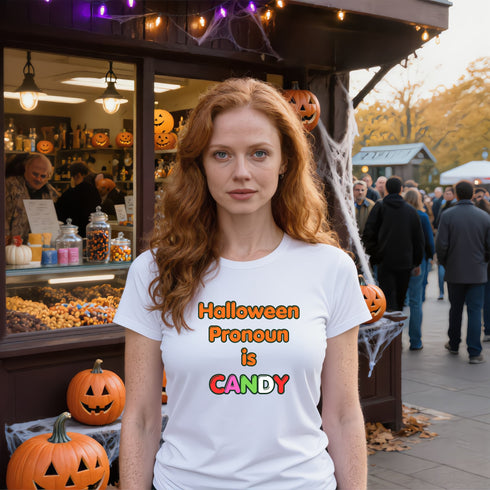 White Halloween Pronoun Is Candy tee with novelty candy design for costume parties, spooky season wear and gifting