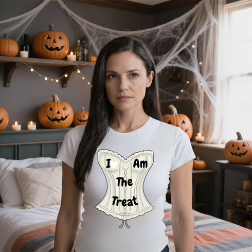 White I Am The Treat Halloween graphic t-shirt with playful candy-themed lettering, versatile casual tee for parties, gifts and everyday wear