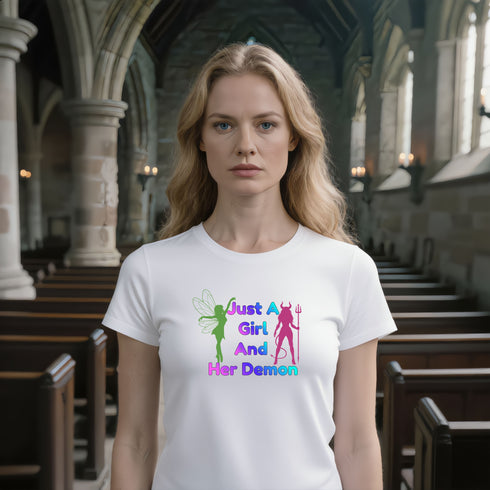 White Just a Girl and Her Demon T-shirt with bold typography, styled for alternative fashion and Halloween