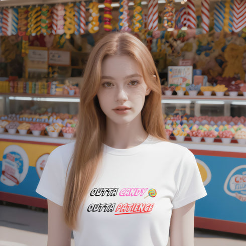 White funny slogan tee featuring Outta Candy Outta Patience, ideal for candy lovers, birthdays, Halloween, and casual wear.