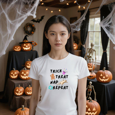 White Trick Treat Nap Repeat graphic T-shirt, a playful Halloween gift idea for someone who loves treats and naps