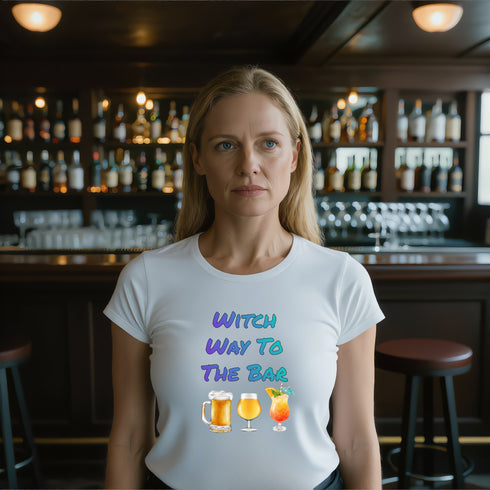 White unisex Halloween tee with "Witch Way to the Bar" graphic, ideal spooky season apparel for coven gatherings and pub crawls