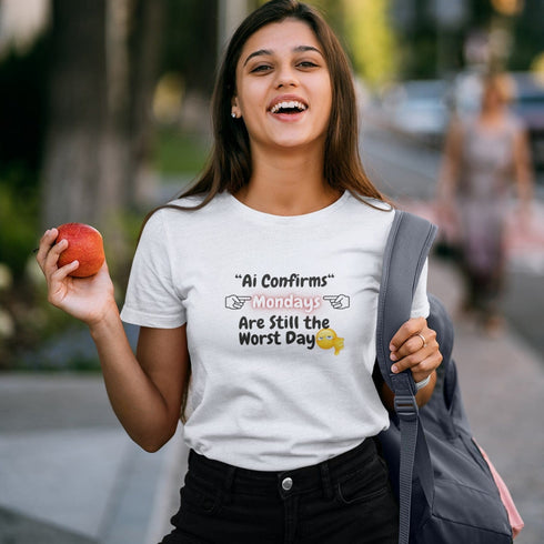 White sarcastic Monday t-shirt with AI confirms the worst day graphic — giftable unisex slogan tee