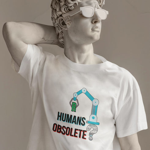 White R Humans Obsolete AI-inspired t-shirt — futuristic tech graphic tee for developers, coders, and deep thinkers