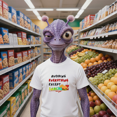 Avoiding Everything Except Snacks Funny Graphic Tee in White – Snack Humour T-Shirt