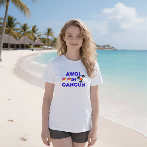 AWOL in Cancun white t-shirt with bold vintage print, unisex spring break and Mexico travel tee