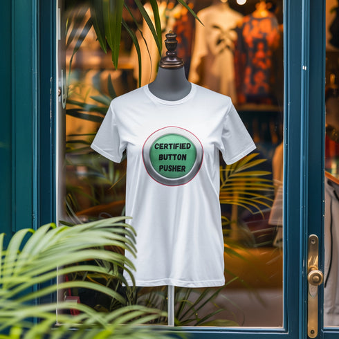 Certified Button Pusher T-Shirt | Funny Sarcastic Tee for Techies & Troublemakers