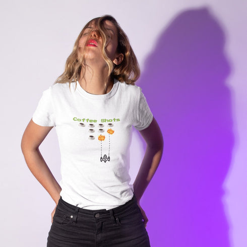 Coffee Shots T-Shirt – Funny Retro Space Invaders Coffee Lover Gamer Tee with Pixel Arcade Style