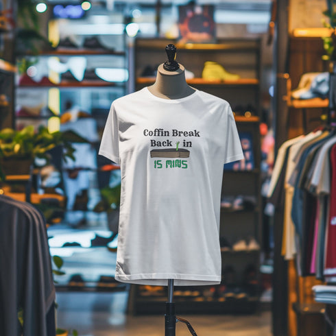 Coffin Break Back In 15 Mins T-Shirt | Funny Dark Humor Graphic Tee | Sarcastic Goth Shirt for Halloween & Everyday Wear