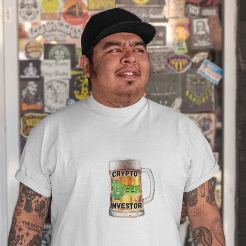 White Crypto Beer Investor t-shirt – bold HODL beer graphic tee, novelty gift for cryptocurrency and beer fans