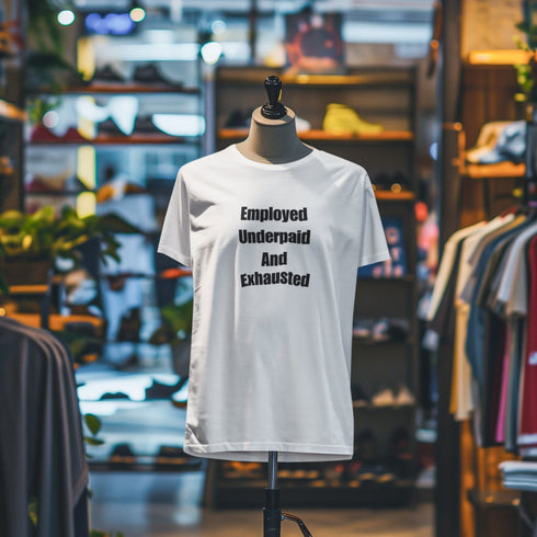 Employed Underpaid & Exhausted T-Shirt – Funny Work Burnout Shirt