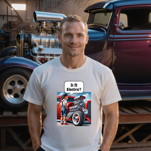 Funny Is It Electric? hot rod t-shirt in white – car enthusiast gift tee featuring a kid discovering a classic muscle car engine
