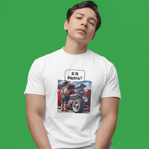 Funny Car Enthusiast T-Shirt: 'Is It Electric?' – Perfect for Hot Rod Lovers!