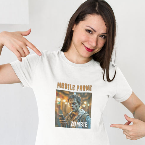 White Mobile Phone Zombie Graphic T-Shirt – Funny Unisex Tee Perfect as a Novelty Gift