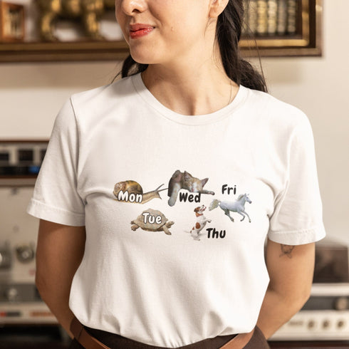 White funny weekly animal graphic tee – snail to horse days of the week print, witty gift shirt for pet parents and animal lovers