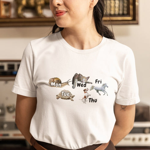 Funny Weekly Animal T-Shirt: Snail to Horse – Days of the Week Humor