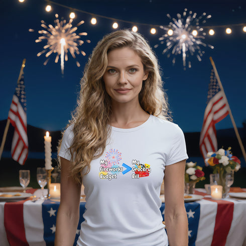 White funny USA t-shirt with fireworks budget greater than grocery bill humour print for Independence Day
