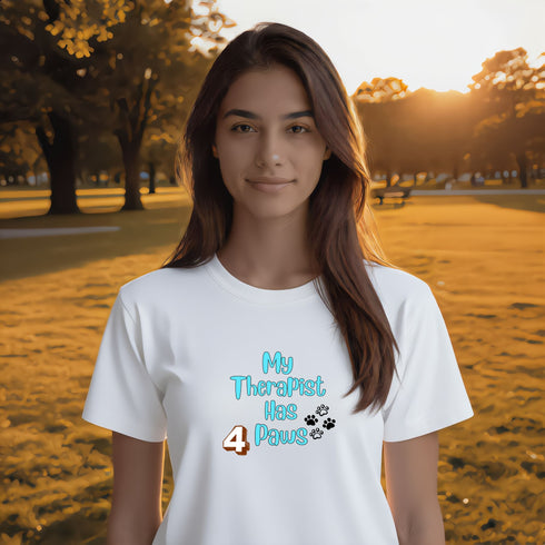 White My Therapist Has 4 Paws t-shirt – witty canine therapist slogan tee, lightweight gift for dog owners and emotional support animal lovers
