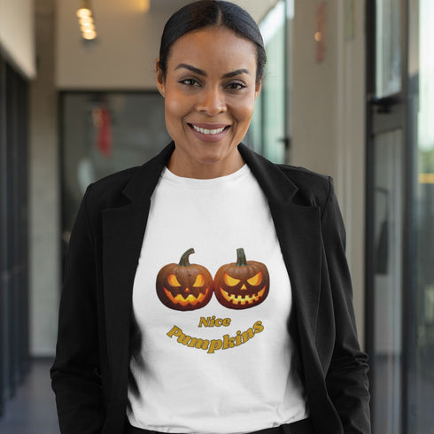 Nice Pumpkins Halloween White T-Shirt – Funny Jack-O-Lantern Graphic Tee for Women