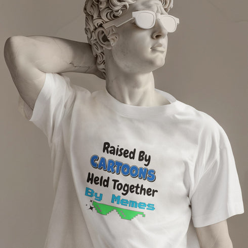 Raised By Cartoons Held Together By Memes T-Shirt – Funny Retro Internet Humor Tee for Gen Z, Millennials, and Meme Lovers