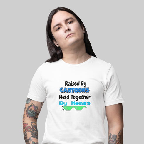 Raised By Cartoons Held Together By Memes T-Shirt – Funny Retro Internet Humor Tee for Gen Z, Millennials, and Meme Lovers