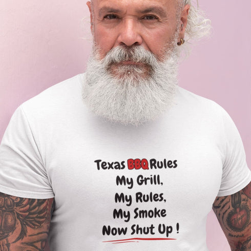 White Texas BBQ Rules My Grill My Smoke t-shirt – witty grill master gift tee for brisket kings and backyard BBQ legends