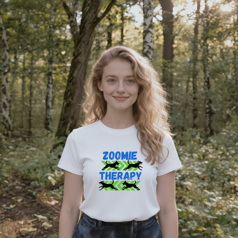 White Zoomie Therapy T-Shirt – Dog Dad Gift Tee with Funny Zoomies Slogan
