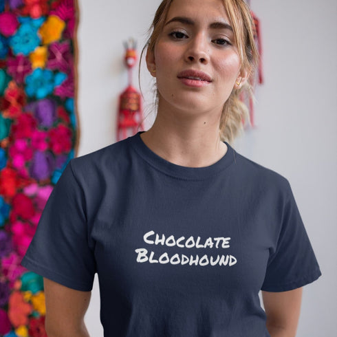 Navy Chocolate Bloodhound t-shirt – humorous hound dog lover tee, great birthday gift for Bloodhound mums and dads